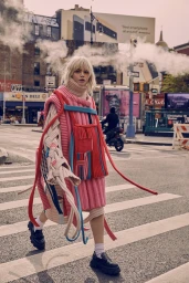 Model in chunky pink layered knit sweater walking across a city street with steam rising from a manhole