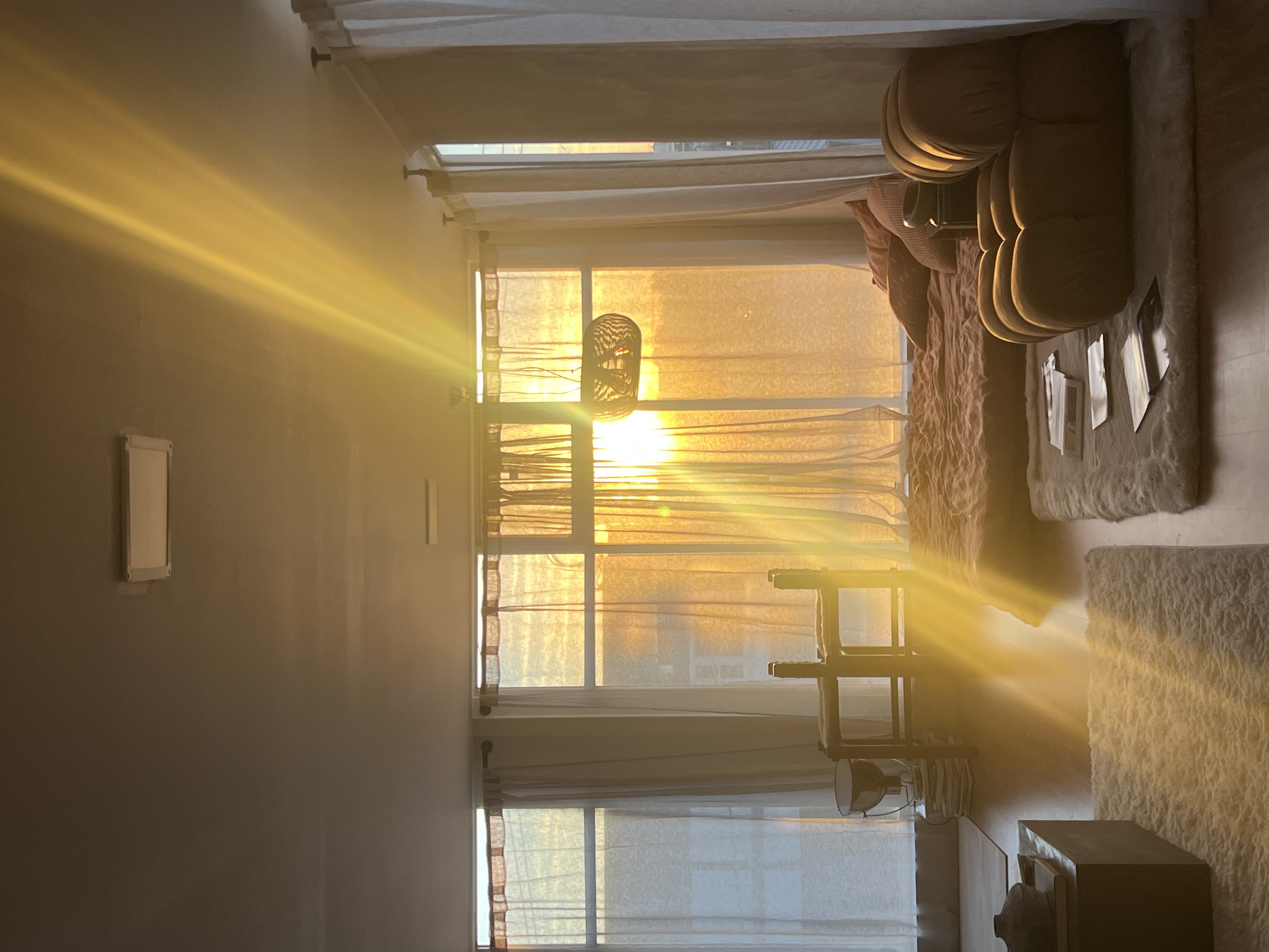 Warm-toned living room with sunlight streaming through sheer curtains, illuminating a cozy lounge area with sofa and seating.