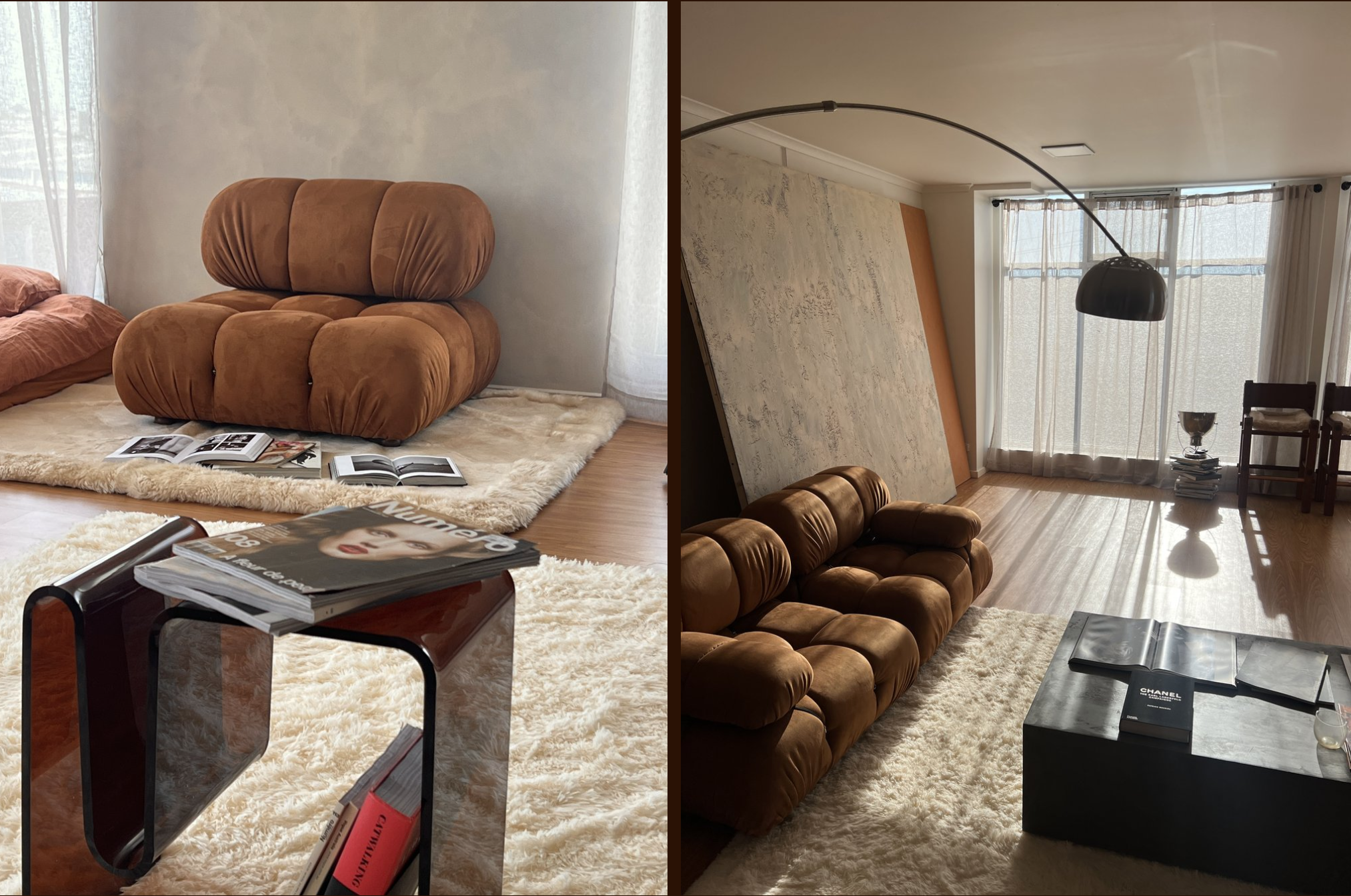 Living room interior featuring a brown modular sofa and chair, accent table with magazines, and light-colored shag rug, creating a cozy space.