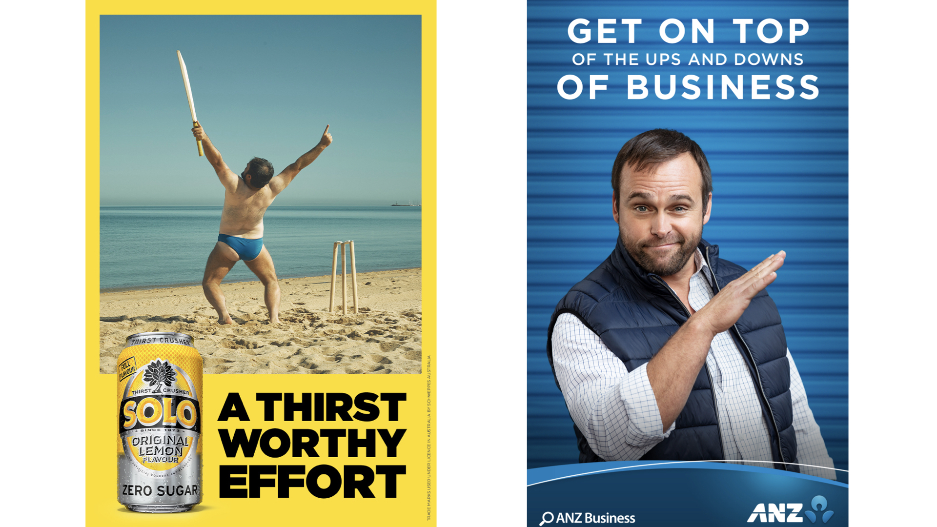 Man celebrating cricket victory on beach with Solo drink ad, contrasted with business professional advertisement for ANZ Bank.