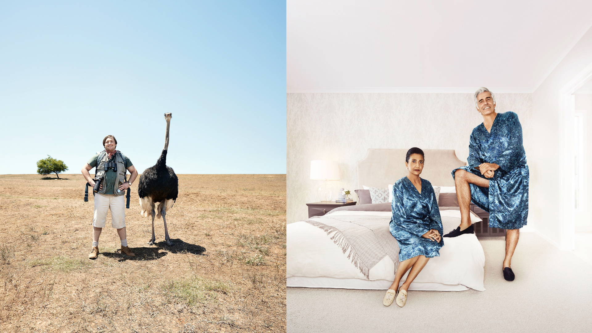 A split image shows an adult male with an ostrich in a dry landscape next to a mature couple wearing matching robes in a bedroom.