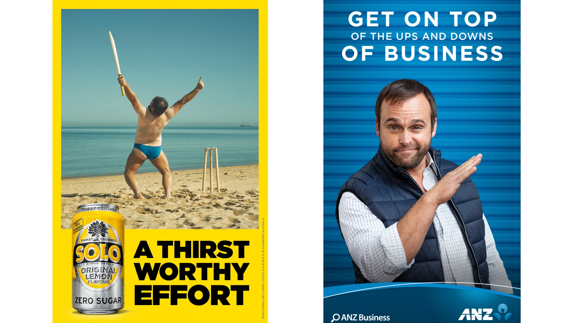 Two vertical advertising panels side by side showing a man on a beach holding a cricket bat and a man gesturing in front of a blue background.