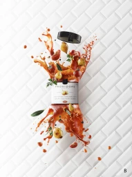 Jar of Providore sauce exploding mid-air with tomatoes, onions, and red liquid against a white tiled background.