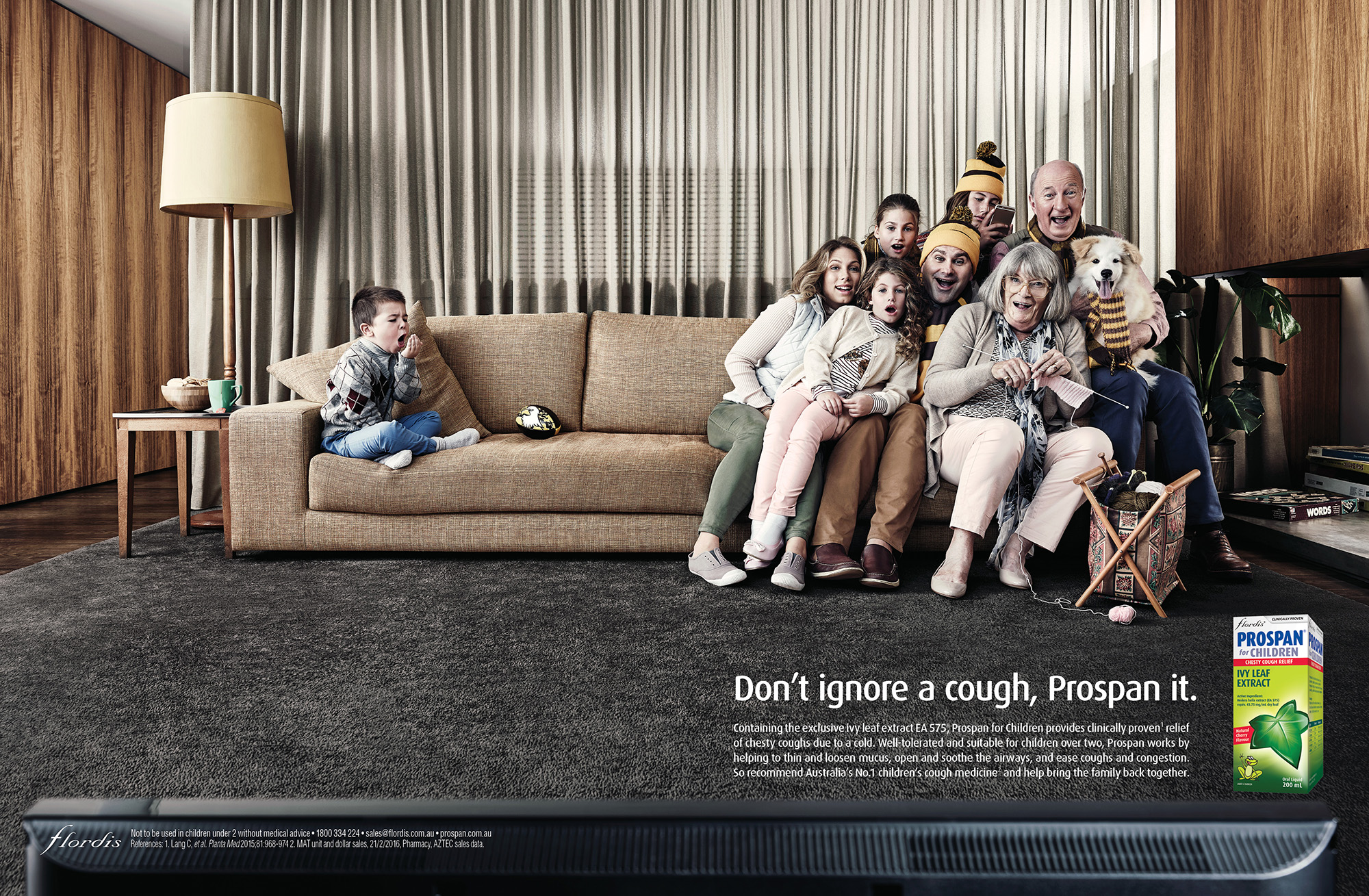 Multi-generational family of 8, including a dog, relaxing on a couch in front of a television, with a boy sitting on the couch in the background.