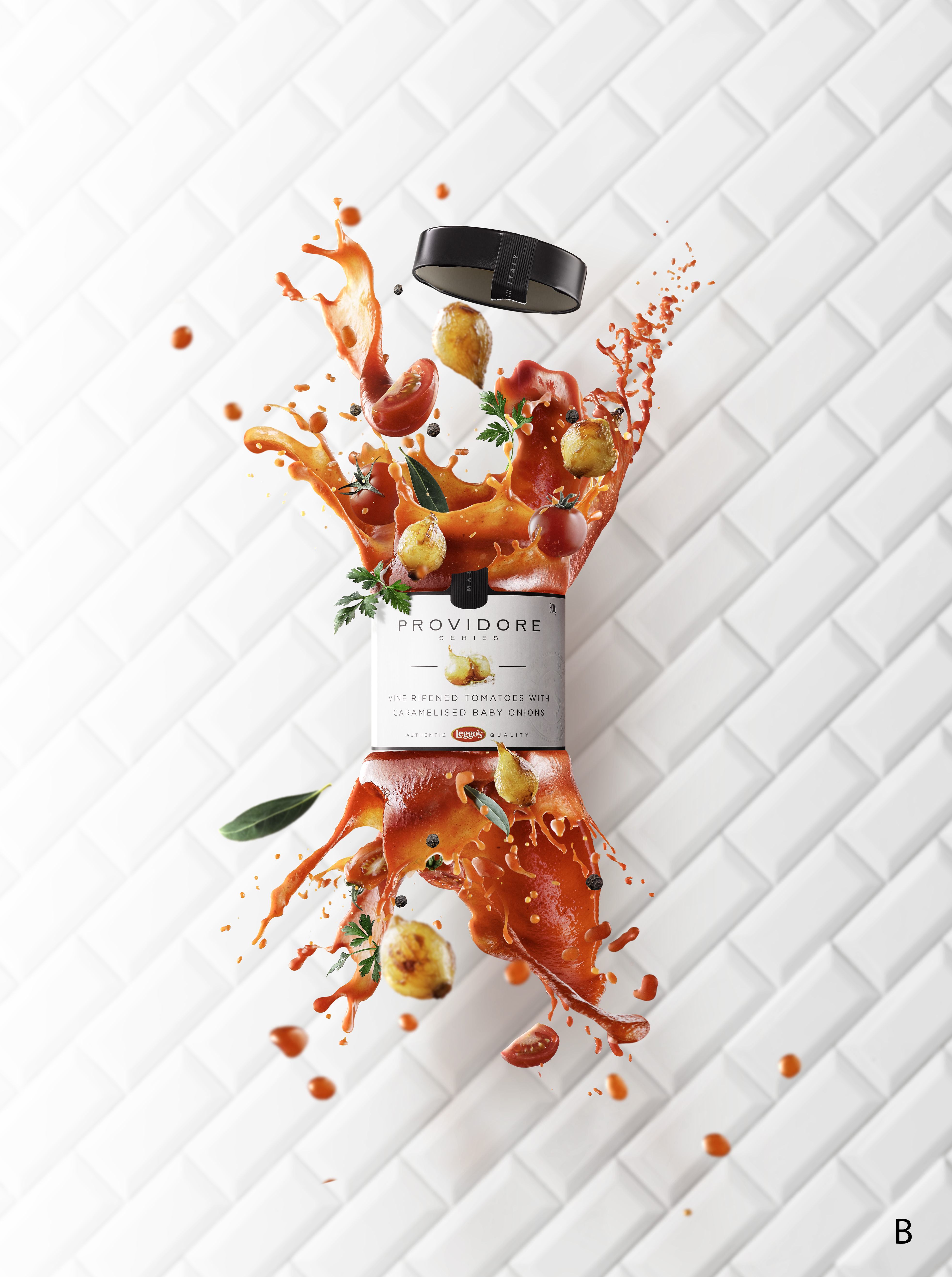 Tomato sauce jar with tomatoes and herbs levitating and splashing against white brick background, commercial food still life.