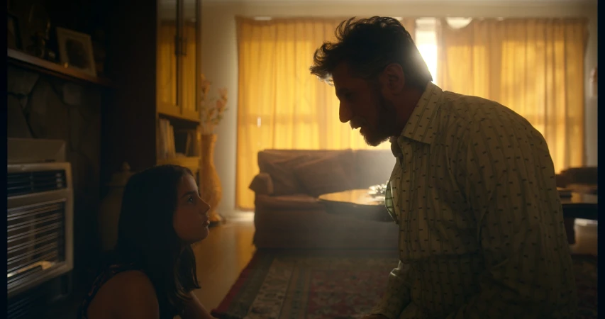 A man kneeling to converse with a young girl in a warmly lit living room interior