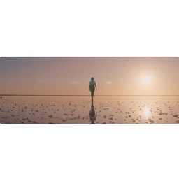 A solitary figure walking across a shallow reflective salt flat under a warm sunset sky.