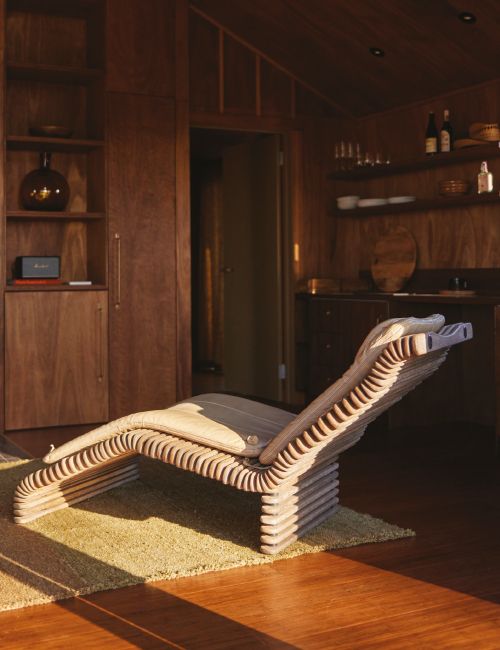 Interior view featuring a modern, light-colored wooden lounge chair on a yellow shag rug with dark wood walls and recessed lighting.