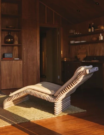 Interior view featuring a modern, light-colored wooden lounge chair on a yellow shag rug with dark wood walls and recessed lighting.
