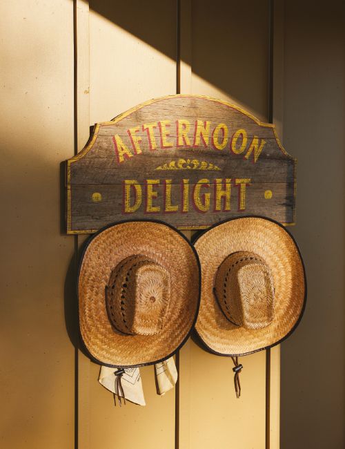 Two straw hats hang under a wooden sign reading 'Afternoon Delight' on a paneled wall, casting a warm, inviting glow with natural sunlight.
