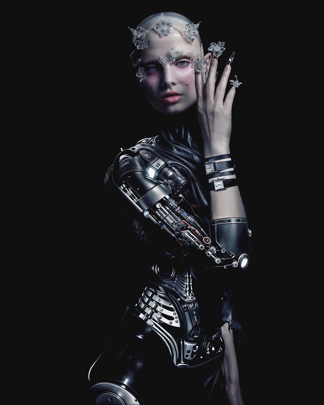 Futuristic fashion portrait: Woman with robotic arm and silver headpiece against a black background. High-fashion, fantasy concept.
