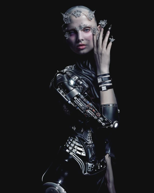 Futuristic fashion portrait: Woman with robotic arm and silver headpiece against a black background. High-fashion, fantasy concept.