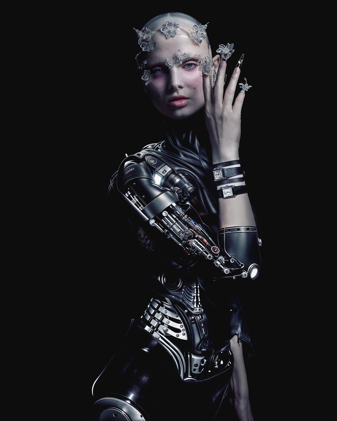 Glamorous, futuristic cyborg woman with metallic body suit and face jewelry posing in a studio with a dark background.
