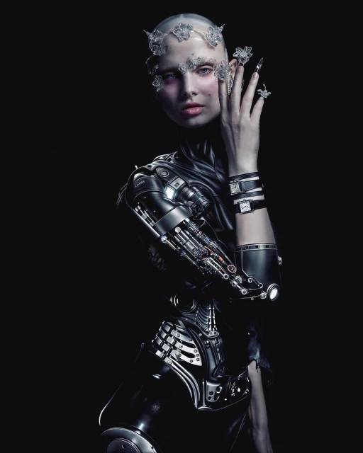 Glamorous, futuristic cyborg woman with metallic body suit and face jewelry posing in a studio with a dark background.