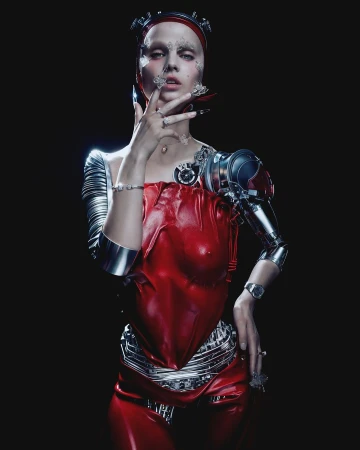 Close-up of a fair-skinned adult female model with prosthetic makeup, wearing a red and silver futuristic costume against a black background.