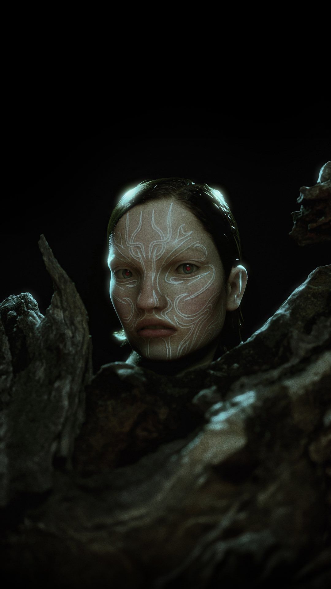 Portrait of a woman with face paint partially obscured by a textured, dark brown material against a dark background in a close-up shot.