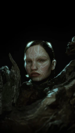 Portrait of a woman with face paint partially obscured by a textured, dark brown material against a dark background in a close-up shot.