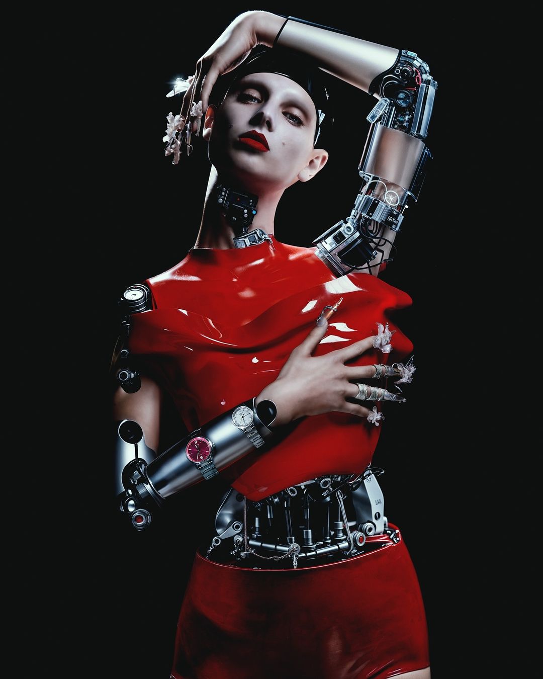 Woman with robot arms poses in red outfit against black. Futuristic fashion with a mix of human and robotic elements.