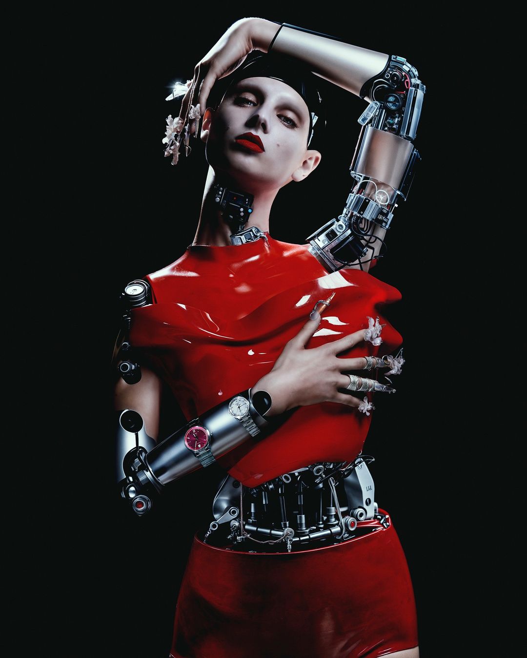 An avant-garde portrait features a woman with pale skin and bold makeup, her body adorned with robotic and metallic components in a studio setting.