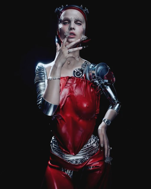 Portrait of a woman with futuristic silver and red outfit, mechanical arm, and extravagant manicure against a dark backdrop.