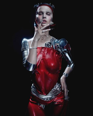 Portrait of a woman with futuristic silver and red outfit, mechanical arm, and extravagant manicure against a dark backdrop.