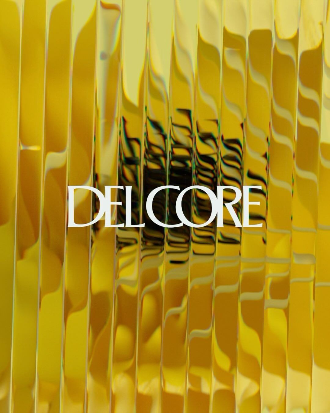 Abstract view of golden textured surface with vertical lines and reflections, featuring the white text 'DELCORE' centered on the image.