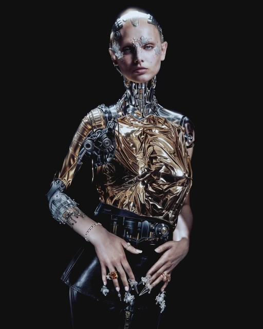 CGI fashion model with metallic gold top and robotic arms poses in a studio against a dark background, showcasing futuristic fashion and beauty.
