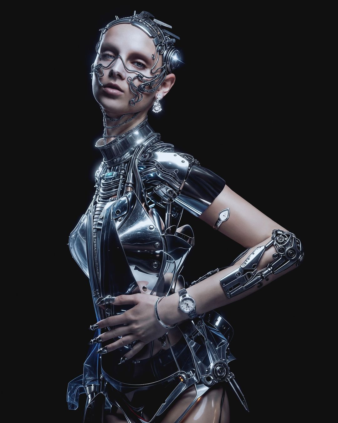 Portrait of a female model wearing a metallic cybernetic costume and jewelry, posing against a solid black backdrop in studio lighting.