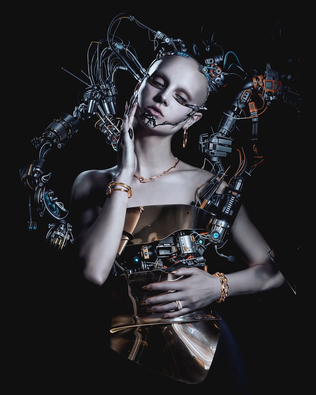 An image shows a woman with pale skin and dark hair, wearing gold and silver metal ornaments, posing in front of a dark background.