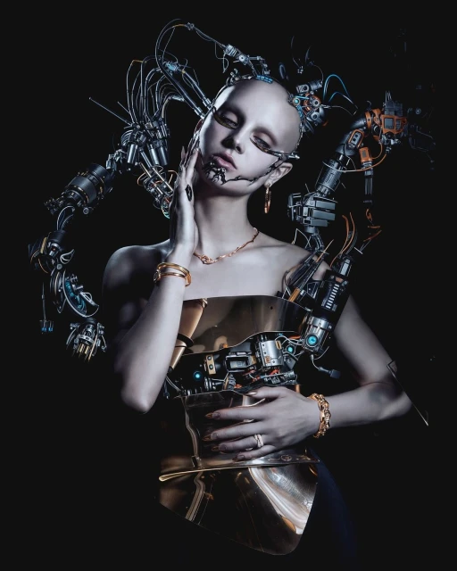 An image shows a woman with pale skin and dark hair, wearing gold and silver metal ornaments, posing in front of a dark background.