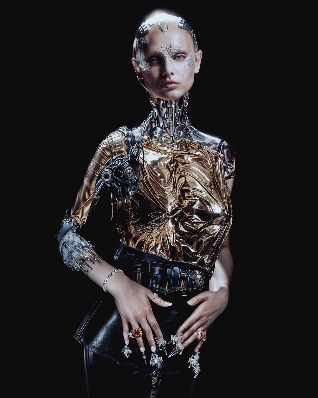 CGI humanoid figure with metallic skin, gold garment, and elaborate nail art against a black background. Studio lighting and fashion-forward aesthetic.