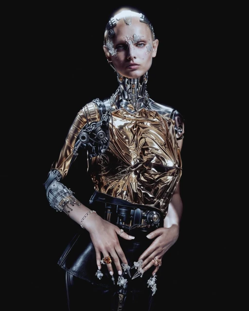 CGI humanoid figure with metallic skin, gold garment, and elaborate nail art against a black background. Studio lighting and fashion-forward aesthetic.