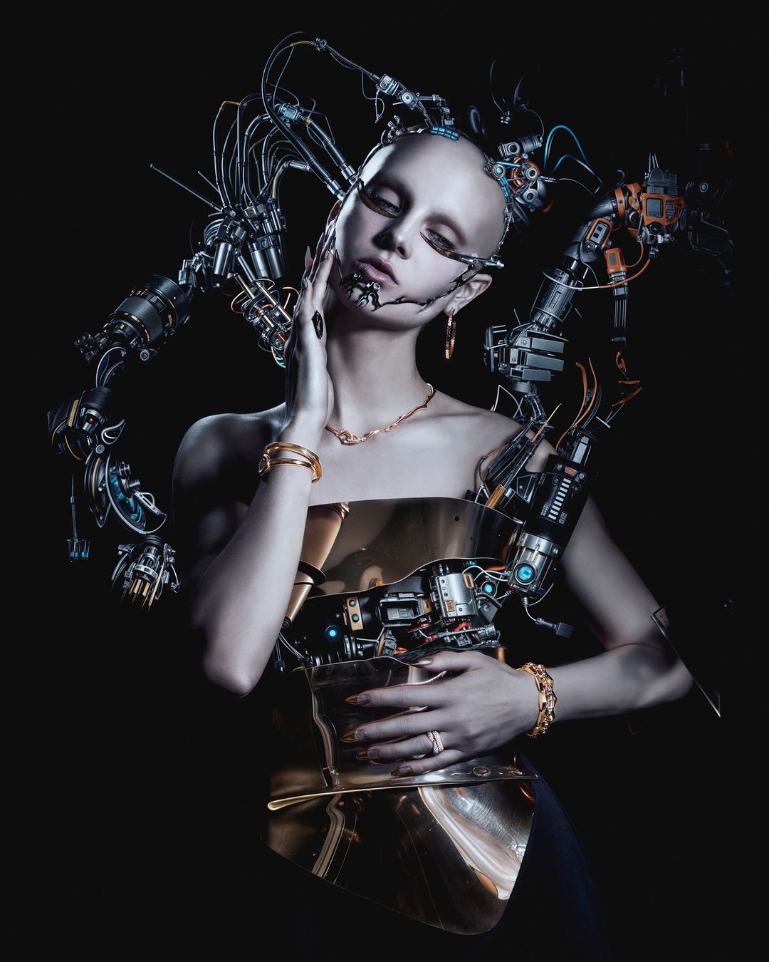 Striking fashion portrait featuring a bald woman with intricate mechanical headgear and gold body armor in a dark studio setting.