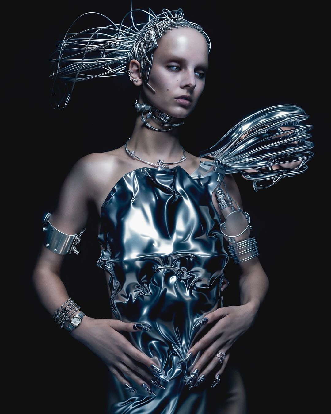 Woman in futuristic silver dress and wire headpiece against black backdrop. Fashion photography showcasing avant-garde style and metallic textures.