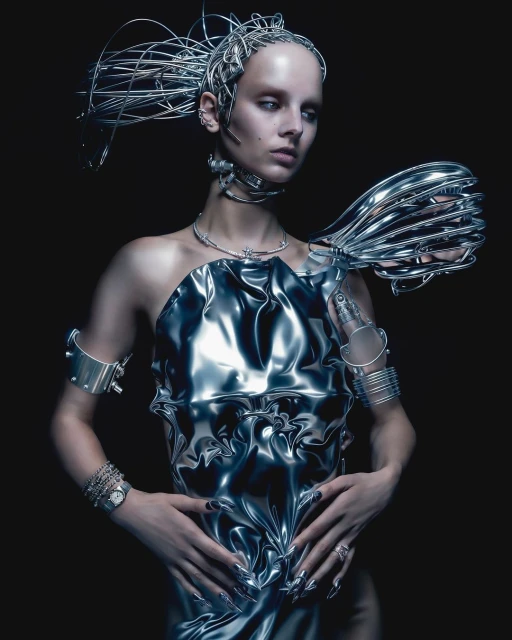 Woman in futuristic silver dress and wire headpiece against black backdrop. Fashion photography showcasing avant-garde style and metallic textures.