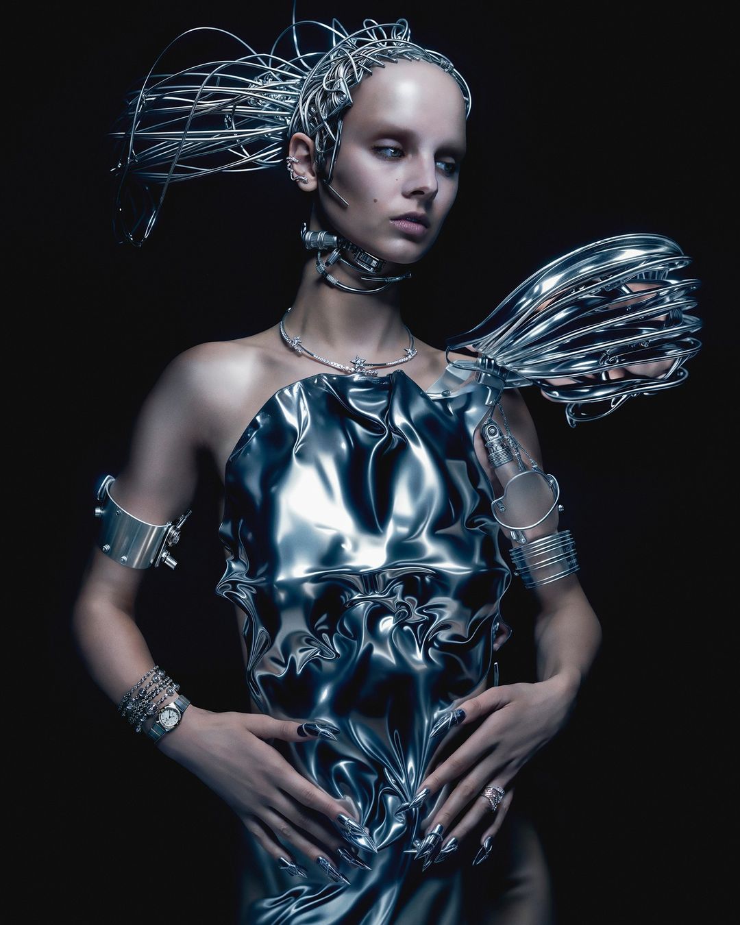 Fashion model wearing silver avant-garde couture dress and headdress poses in dark studio with dramatic lighting and metallic accessories.