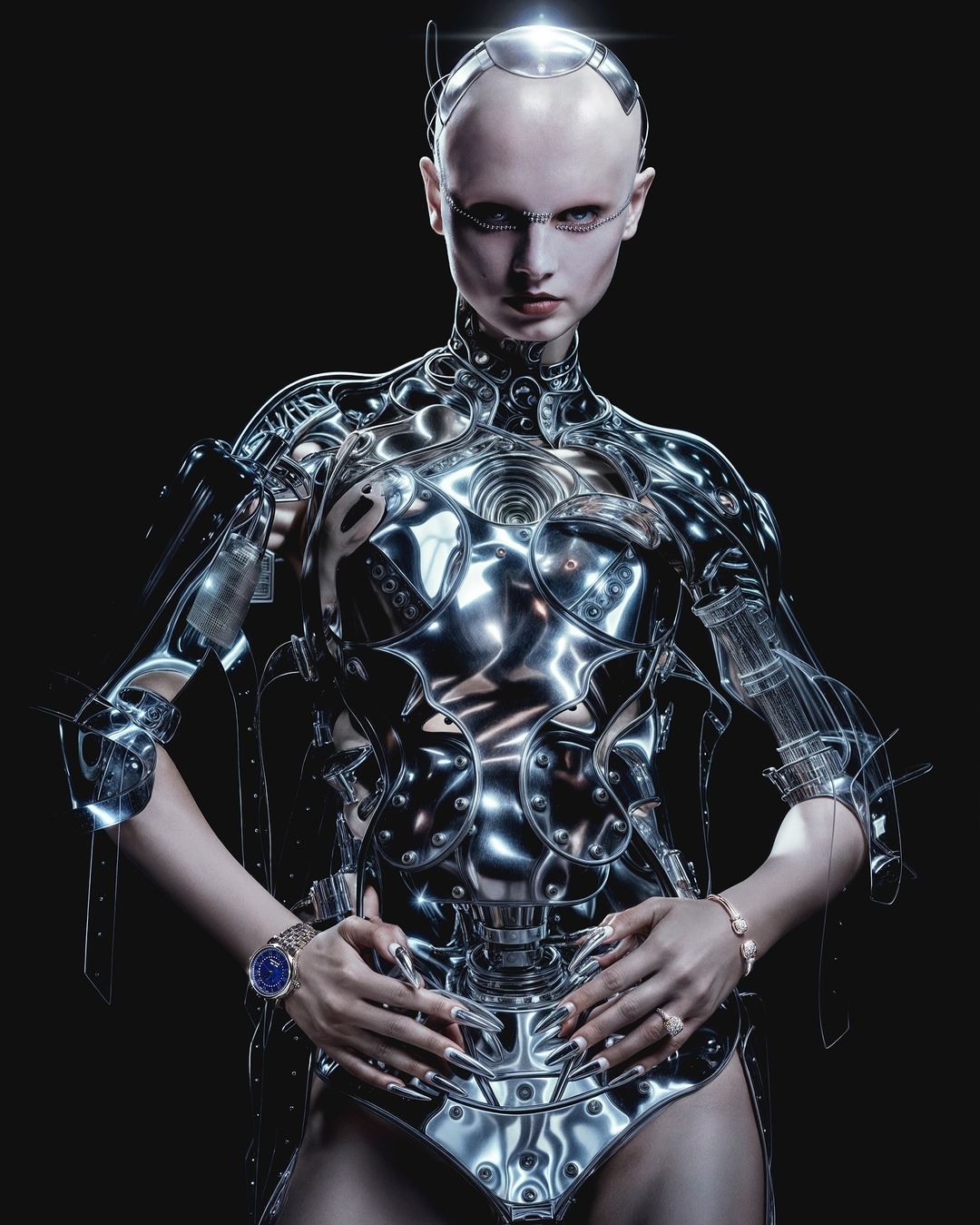 Striking portrait of a bald adult female wearing a chrome-colored robotic bodysuit, posing against a stark black background. Close-up shot.