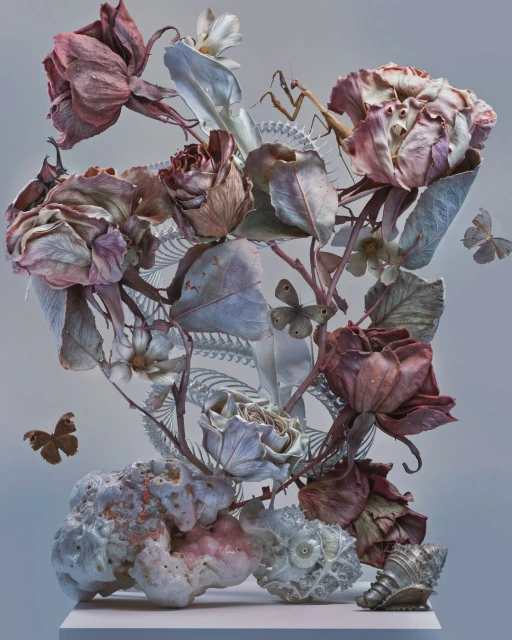 Still life featuring roses, butterflies, a praying mantis, seashells, and a fishbone, displayed on a pale pink surface against a gray backdrop.