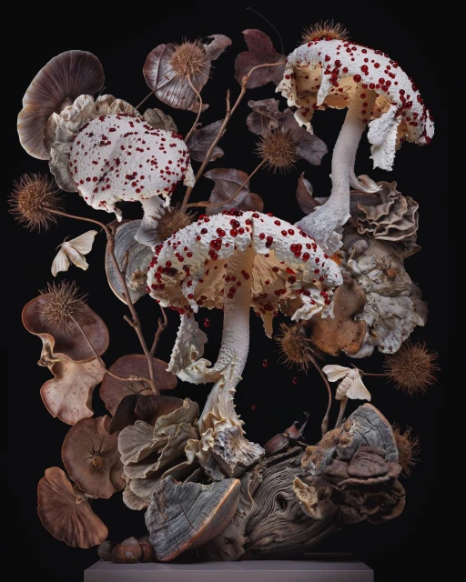 Dramatic still life of three spotted mushrooms surrounded by dried leaves and branches against a dark backdrop, presented on a neutral base.