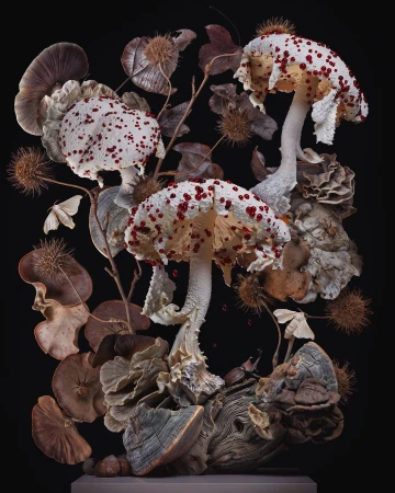 Dramatic still life of three spotted mushrooms surrounded by dried leaves and branches against a dark backdrop, presented on a neutral base.