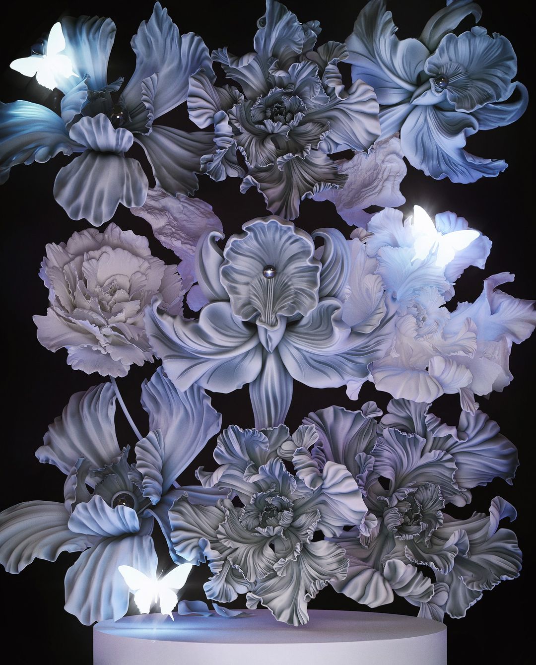 Floral arrangement featuring light blue, purple, and white flowers with butterfly accents, displayed against a dark background.