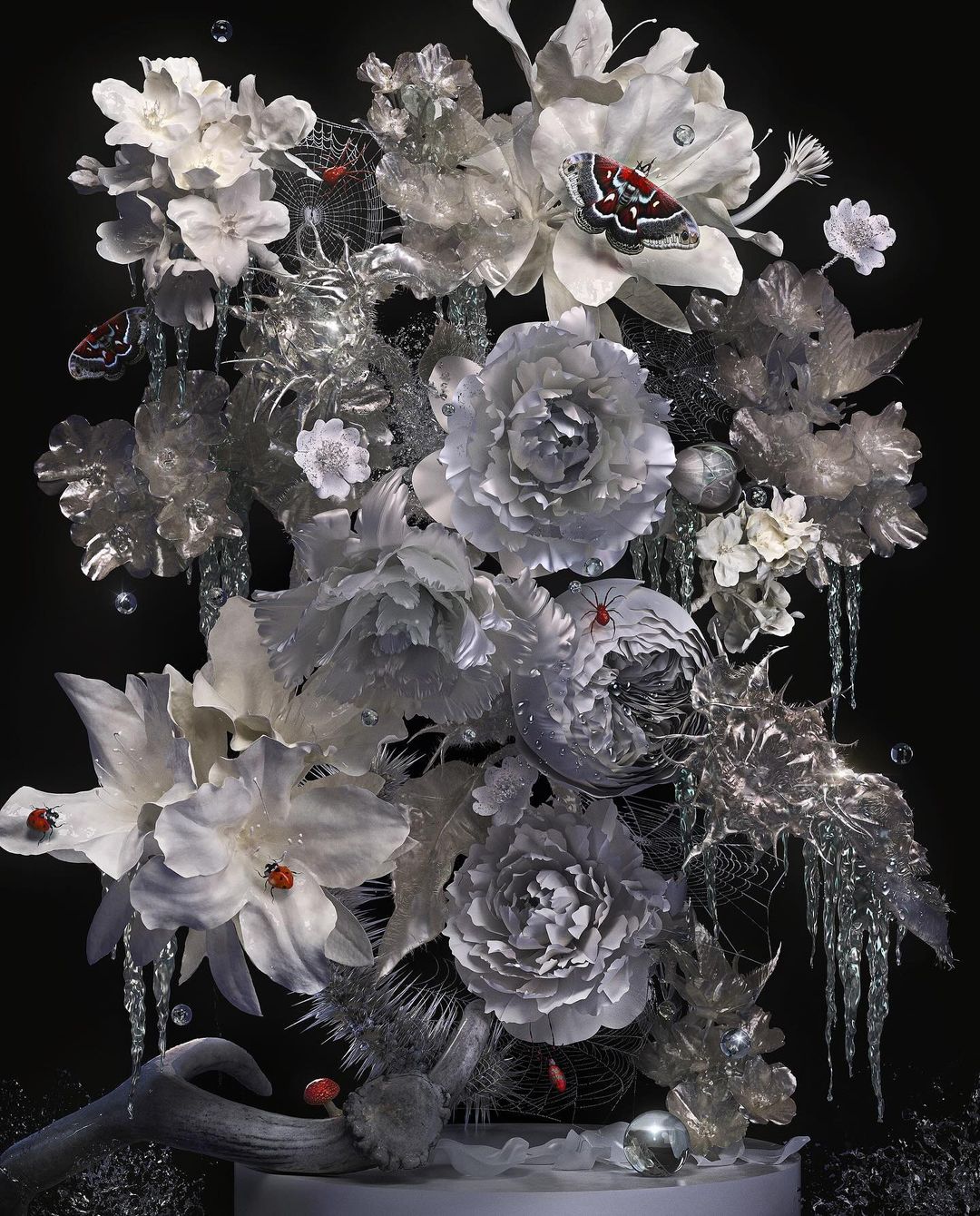 Floral arrangement with white orchids, peonies, silver foliage, butterflies, and ladybugs against a dark background, creating an elegant still life.