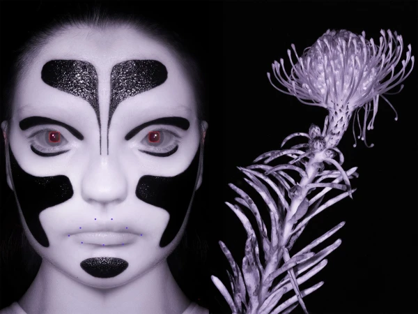 Close-up portrait of a person with decorative face paint next to a plant with an intricate head, set against a black background.