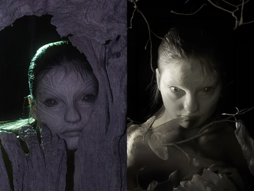 Conceptual portrait of a woman with face paint in two contrasting halves, partially obscured by wood and vine elements, in a studio setting.