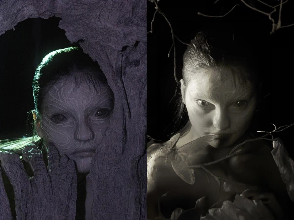 Conceptual portrait of a woman with face paint in two contrasting halves, partially obscured by wood and vine elements, in a studio setting.