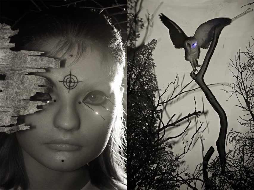Monochromatic portrait of a child's face adorned with geometric face paint and a fragment of birch bark, alongside a perched owl.