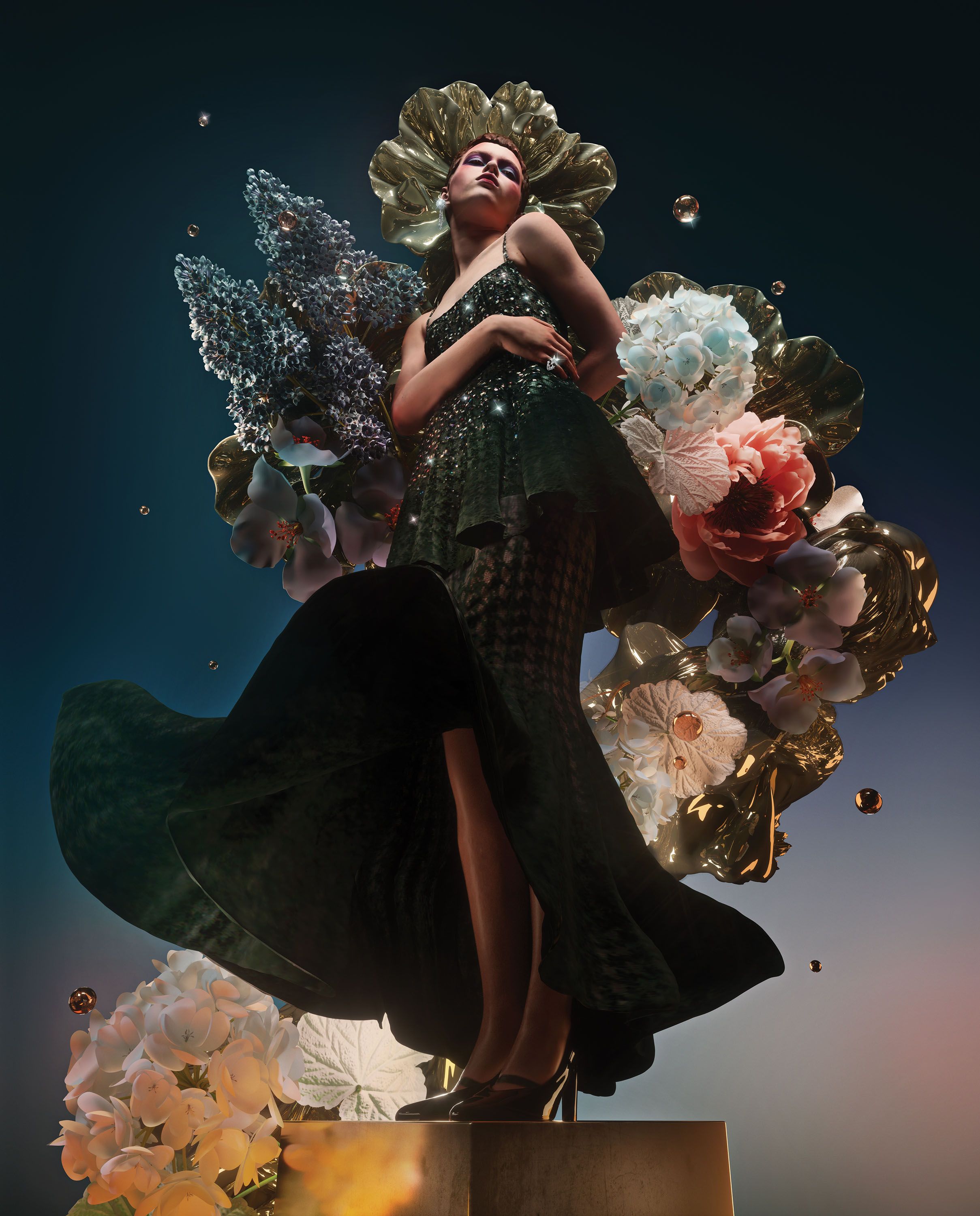 Woman poses on a pedestal surrounded by flowers in a couture dress. A dramatic fashion and beauty shot with moody lighting.