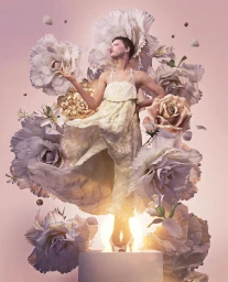 Model in a cream dress posing among oversized white flowers against a soft pink backdrop by Jon Emmony
