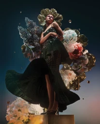Model in sequined dark green evening gown surrounded by oversized metallic floral arrangements and floating spheres