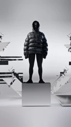 A person wearing a glossy black puffer jacket and hood standing on a reflective block against a light grey studio background.